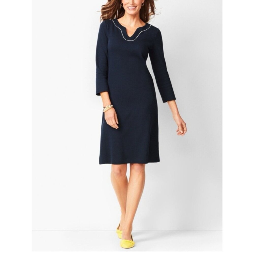 Talbots Dress L Large Blue Cream Trim Cotton 3/4 L/S Stretch Career Church